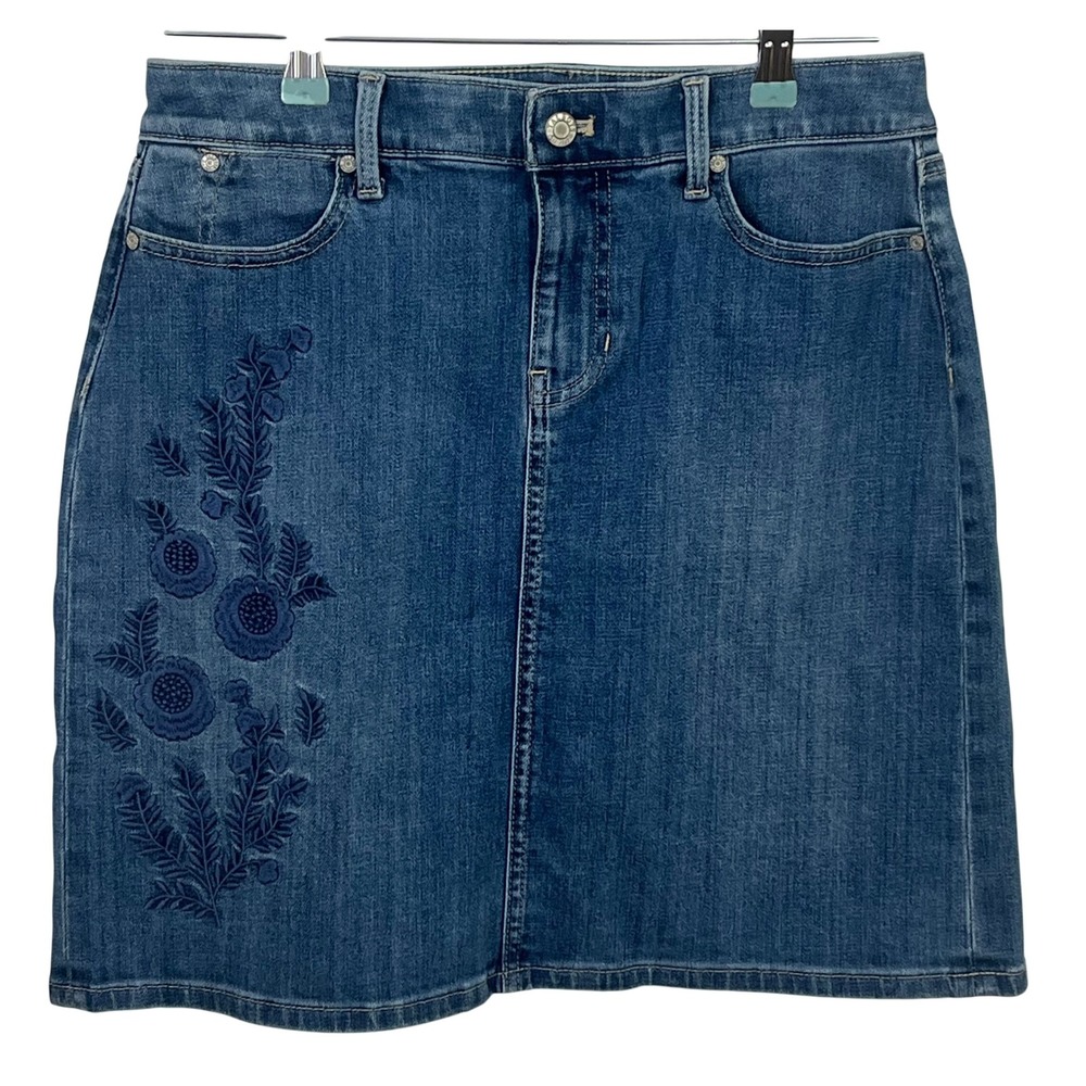 Talbots Denim Jean Short Skirt Blue‎ Embroidered Flowers Front Zipper Size 4P